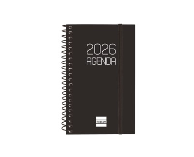 Finocam Opaque Agenda de Espiral - Anual 2026 - Tapa Ligera - Cierre con Goma Elastica - Formato E3 - 85x14x127mm - Semana Vista Horizontal - Color Negro