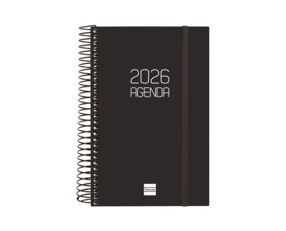 Finocam Opaque Agenda de Espiral - Anual 2026 - Tapa Ligera - Cierre con Goma Elastica - Formato E5 - 1 Dia por Pagina - Color Negro