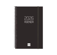 Finocam Opaque Agenda de Espiral - Anual 2026 - Tapa Ligera - Cierre con Goma Elastica - Formato E5 - 125x14x181mm - Semana Vista Horizontal - Color Negro