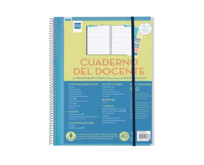 Finocam Organizacion Agenda sin Fechar para Docentes - Semana Vista - 230x310mm - Tapas de Polipropileno - Papel de 80g/m2 - Espiral de Plastico - Adhesivos Tematicos - Color Azul