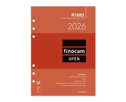 Finocam R1093 Recambio Anual 2026 para Agendas Open 2026 - Formato 1000 - 155x6x215mm - Semana Vista Horizontal - Color Blanco