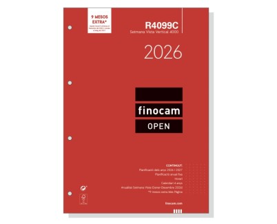 Finocam R4099C Recambio Anual 2026 para Agendas Open 2026 en Catalan - Formato A4 - 210x6x297mm - Semana Vista en Vertical - Color Blanco