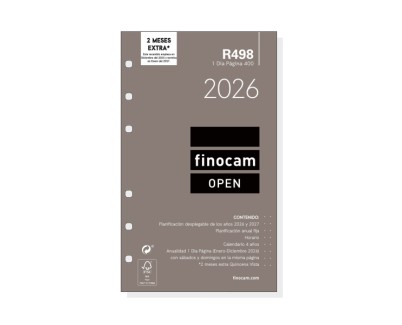 Finocam R498 Recambio Anual 2026 para Agendas Open 2026 - Formato 400 - 91x16x152mm - 1 Dia por Pagina - Color Blanco