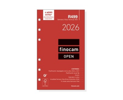 Finocam R499 Recambio Anual 2026 para Agendas Open 2026 - Formato 400 - 91x8x152mm - Semana Vista en Vertical - Color Blanco