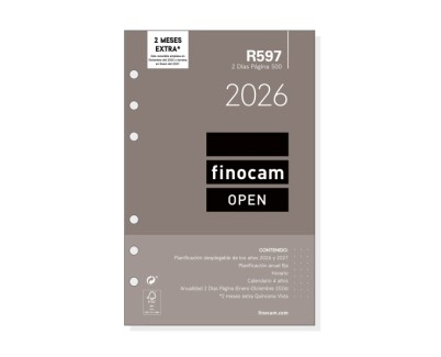 Finocam R597 Recambio Anual 2026 para Agendas Open 2026 - Formato 500 - 117x11x181mm - 2 Dias por Pagina - Color Blanco