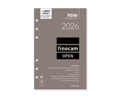 Finocam R598 Recambio Anual 2026 para Agendas Open 2026 - Formato 500 - 117x16x181mm - 1 Dia por Pagina - Color Blanco