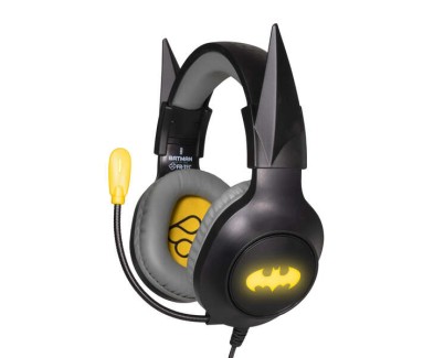 FR-TEC Batman Auriculares Gaming con Microfono Plegable - Diadema Ajustable - Almohadillas Acolchadas - Iluminacion LED Amarilla - Color Gris