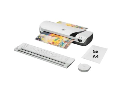 GBC Inspire+ A4 Set de Plastificadora + Recortadora de Esquinas + Cizalla + Paquete de 5 Bolsas de Plastificacion A4 - Hasta Tama&ntilde;o A4 - Velocidad 250mm/min - Calentamiento en 4 Minutos - Ajuste Adicional Frio - Grueso Bolsa 75 y 125mic - Color Blanco