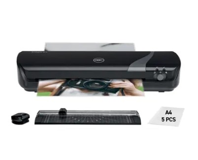 GBC Inspire+ A4 Set de Plastificadora + Recortadora de Esquinas + Cizalla + Paquete de 5 Bolsas de Plastificacion A4 - Hasta Tama&ntilde;o A4 - Velocidad 250mm/min - Calentamiento en 4 Minutos - Ajuste Adicional Frio - Grueso Bolsa 75 y 125mic - Color Negro