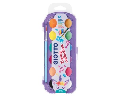 Giotto Candy Collection Estuche de 12 Acuarelas de 30mm + Pincel - Colores Brillantes, Intensos y Vivos - Muy Cubrientes - Colores Surtidos