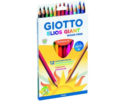 Giotto Elios Giant Wood Free Pack de 12 Lapices Triangulares de Colores - Sin Madera - Mina 5 mm - Colores Surtidos