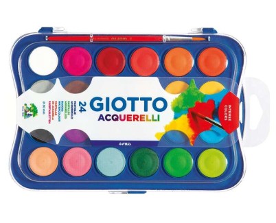 Giotto Estuche de 24 Acuarelas de 30mm + Pincel - Colores Brillantes, Intensos y Vivos - Muy Cubrientes - Colores Surtidos