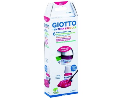 Giotto Tempera Pack de 6 Botes de 25 ml. + Pincel - Base Agua - Excelente Cobertura - Colores Surtidos