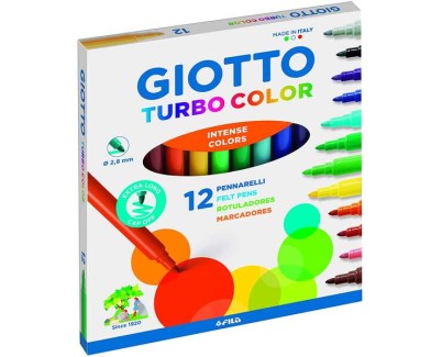 Giotto Turbo Color Pack de 12 Rotuladores - Punta Fina 2.8 mm. - Tinta al Agua - Lavable - Colores Surtidos
