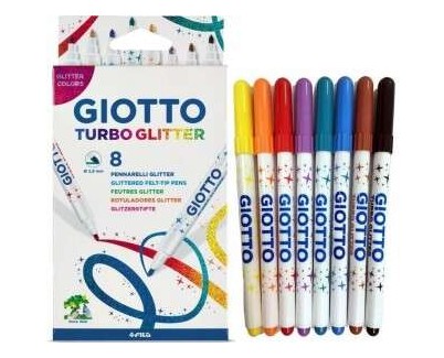 Giotto Turbo Glitter Pack de 8 Rotuladores - Punta Fina 2.8mm - Tinta al Agua - Lavable - Colores Surtidos