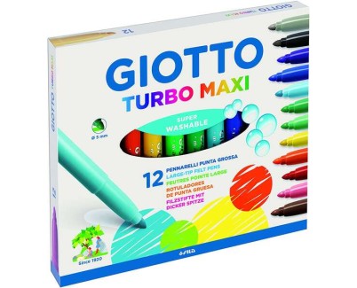 Giotto Turbo Maxi Pack de 12 Rotuladores - Punta Gruesa  5mm - Tinta al Agua - Lavable - Colores Surtidos