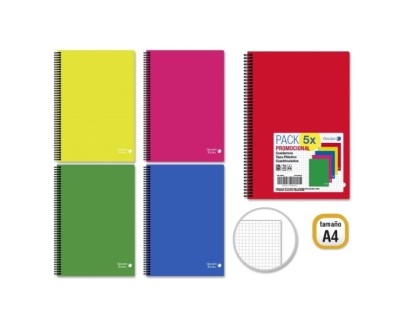 Golden Basic Pack de 5 Cuadernos A4 80 Hojas 90gr Cuadricula 4x4 - Ideal para Estudiantes - Tapa Polipropileno - Colores Surtidos
