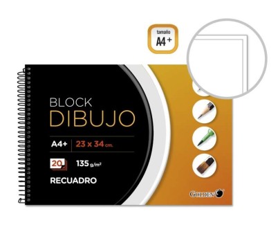 Golden Cuaderno de Dibujo A4+ con 20 Hojas - Papel de 135gr - Recuadro Interior Tama&ntilde;o A4