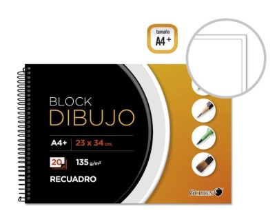 Golden Cuaderno de Dibujo A4+ con 20 Hojas - Papel de 135gr - Recuadro Interior Tamaño A4
