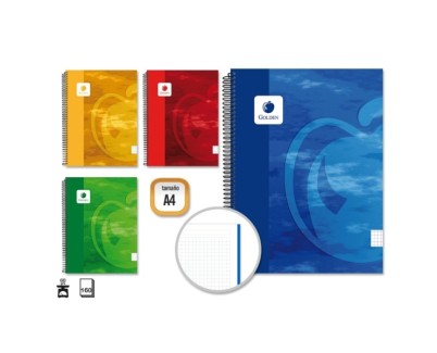 Golden Cuaderno Espiral A4 160 Hojas 60grs Cuadricula 5x5 - Hojas Microperforadas - Tapa Dura Plastificada - Colores Surtidos