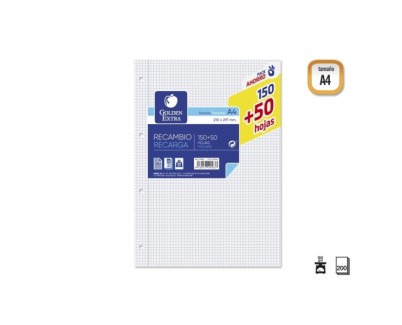 Golden Extra Recambio de 200 Hojas 90gr Cuadricula 4x4 - Formato A4 - 4 Taladros