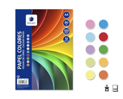 Golden Pack con 100 Hojas de Papel de Colores A4 80gr - 10 Hojas por Color - Colores Surtidos