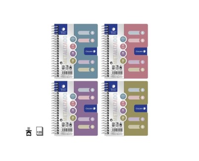 Golden Pack de 12 Cuadernos A6 120 Hojas 90gr Cuadricula 5x5 - Tapa Polipropileno - 4 Separadores - Colores Metalizados Surtidos