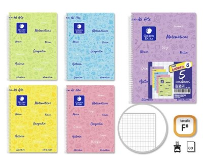 Golden Pack de 5 Cuadernos Asignatura Folio 80 Hojas 90gr Cuadricula 4x4 - Resistente - Tapa Plastica - Ideal para Estudiantes - Colores Pastel Surtidos