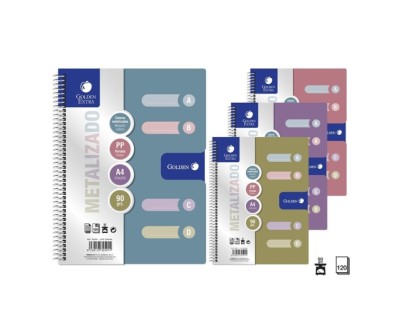 Golden Pack de 6 Cuadernos A4 120 Hojas 90gr Cuadricula 5x5 - 4 Separadores - Tapa Polipropileno - Colores Metalizados Surtidos