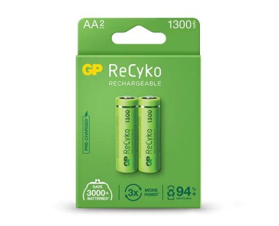 GP ReCyko Pack de 2 Pilas Recargables 1300mAh AA 1.2V - Precargadas - Fabricadas con mas del 10% de Materiales Reciclados