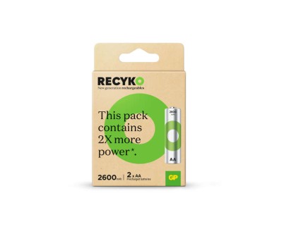 GP ReCyko Pack de 2 Pilas Recargables 2600mAh AA 1.2V - Precargadas - Ciclo de Vida: Hasta 1.000 Veces