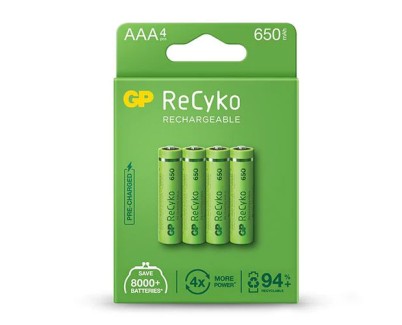 GP ReCyko Pack de 4 Pilas Recargables 650mAh AAA 1.2V - Precargadas - Fabricadas con mas del 10% de Materiales Reciclados