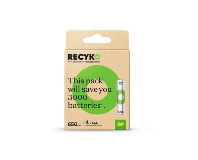 GP ReCyko Pack de 4 Pilas Recargables 650mAh AAA 1.2V - Precargadas - Fabricadas con mas del 10% de Materiales Reciclados