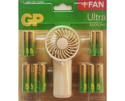GP Ultra Alcalina Pack de 12 Pilas AAA + 12 Pilas AA + Ventilador de Mano de Regalo