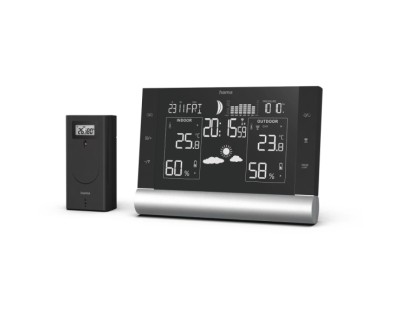 Hama Black Line Plus Estacion Meteorologica - Reloj - Prevision Meteorologica - Sensor Exterior - Radiofrecuencia - Termometro - Higrometro - 17.5x2.2x12.3cm - Color Negro