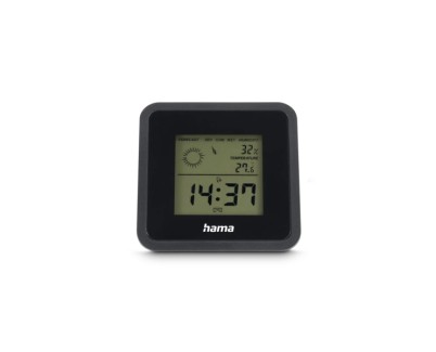 Hama Borneo Medidor de Temperatura y Humedad para Interior - Pantalla Digital - Reloj - Indicador de Confort - 8x1.2x8cm - Color Negro