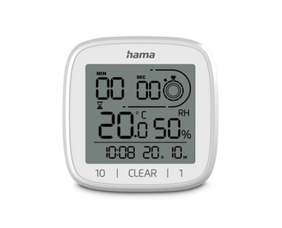 Hama Chipre Reloj Digital con Ventosa - Termometro - Higrometro - IPX4 - Funcion Cuenta Atras - Fecha - 11x11x4.5cm - Color Blanco