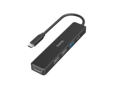 Hama Entry Hub USB 2.0/3.2 - Potencia Maxima 100W - Cable USB-C Integrado de 15cm - HDMI 4K - 3x USB-A - USB-C - Power Delivery - Color Negro