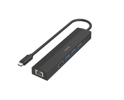 Hama Entry Hub USB 3.2 - Potencia Maxima 100W - Cable USB-C Integrado de 15cm - LAN Ethernet 1Gbps - HDMI 4K - 3x USB-A - USB-C - Power Delivery - Color Negro
