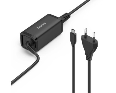 Hama Essential Fuente de Alimentacion Universal para Portatil - Potencia 45W - Voltaje 5-20V - Cable de Entrada 1.2m - Cable de Salida 1.2m - Power Delivery - GaN - Color Negro