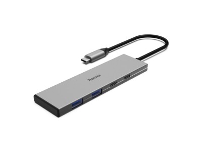 Hama Essential Hub USB 3.2 - Potencia Maxima 100W - Cable USB-C Integrado de 15cm - 2x USB-C - 2x USB-A - Power Delivery - Color Gris