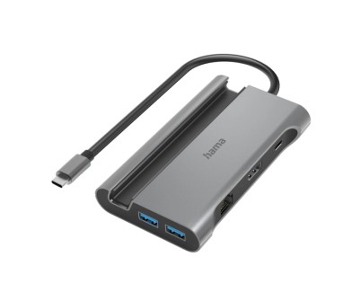Hama Essential Hub USB 3.2 - Potencia Maxima 100W - Cable USB-C Integrado de 15cm - LAN Ethernet 1Gbps - HDMI 4K - 3x USB-A - 2x USB-C - Power Delivery - Color Gris