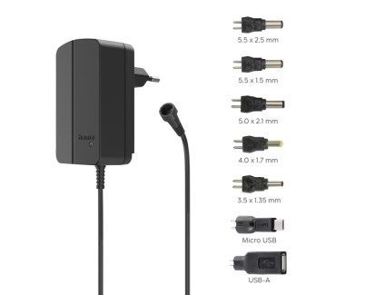 Hama Fuente de Alimentacion Multidispositivo - Potencia 18W - Voltaje 12V - Indicador LED - 7 Adaptadores - Intensidad Maxima 1.5A - Voltaje Ajustable - Color Negro