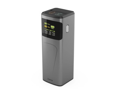 Hama High Power Bateria Externa Powerbank 24000mAh - Potencia 150W - USB-C - USB-A - Power Delivery - Pantalla TFT - Indicador de Carga - 3 Conexiones de Salida - 56.27x160x56.27mm - Color Gris