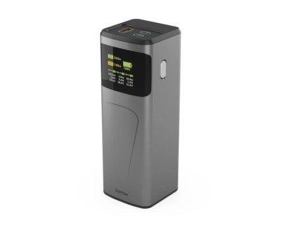 Hama High Power Bateria Externa Powerbank 24000mAh - Potencia 200W - USB-C - USB-A - Power Delivery - Pantalla TFT - Indicador de Carga - 3 Conexiones de Salida - 56.27x160x56.27mm - Color Gris