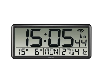 Hama Jumbo Reloj de Pared Digital - Termometro - Higrometro - Zona Horaria Ajustable - Radio - 36x16x3cm - Color Negro