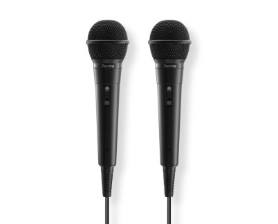 Hama Karaoke Pack de 2 Microfonos Dinamicos - Cable 2.5m - 100Hz - Jack 3.5mm - Cardioide - 600 Ohm - 220x53x53mm - Color Negro