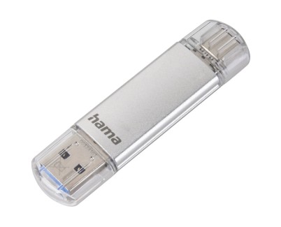 Hama Laeta Memoria Pendrive USB 3.0 con Tapa - 128GB de Capacidad - 40Mb/s de Transferencia - Funcion OTG - USB-C - USB-A - Cuerpo Metalico - Color Plata