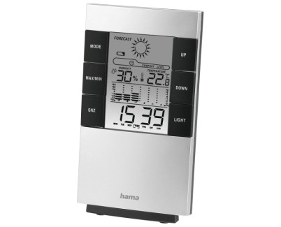 Hama Medidor de Temperatura y Humedad para Interior - Pantalla Digital - Reloj - Alarma - Prevision Meteorologica - Memoria de Datos - Permite Colgar en Pared - 8x1.8x13.4cm - Color Negro y Plata