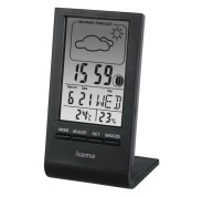 Hama Medidor de Temperatura y Humedad para Interior - Pantalla Digital - Reloj - Prevision Meteorologica - Visualizacion de Fases Lunares - 5.7x5x10.8cm - Color Negro